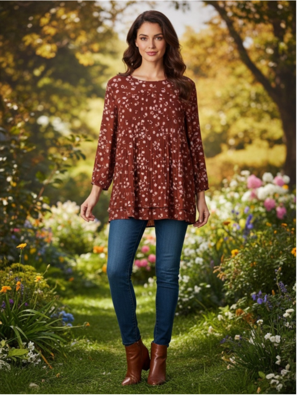 Penningtons Floral Pleated Rust Orange Blouse - Women size 4X